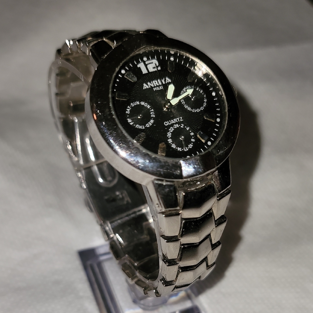 Anrya Milan Mens‎ Silver Watch Black Face 3 Decorztove Sub-Dials
